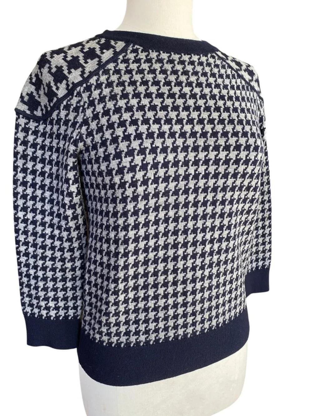 J Crew Houndstooth 100% Merino Wool Sweater Navy Gray Academia Old Money Prep-S